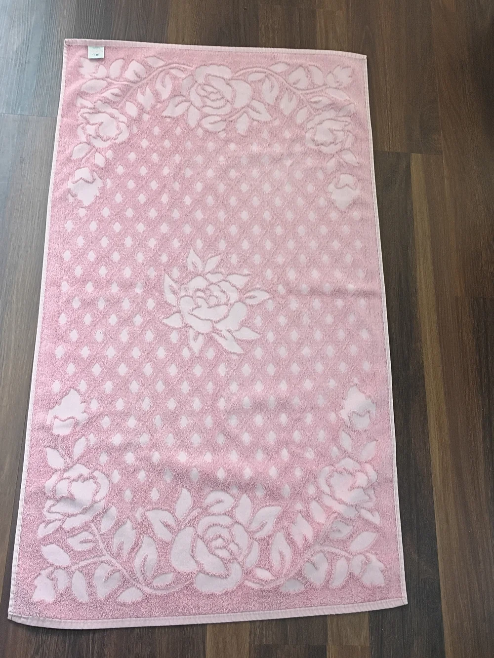 Vintage CANNON Bath Towel Pink Sculpted Rose & Diamond Pattern Made in USA